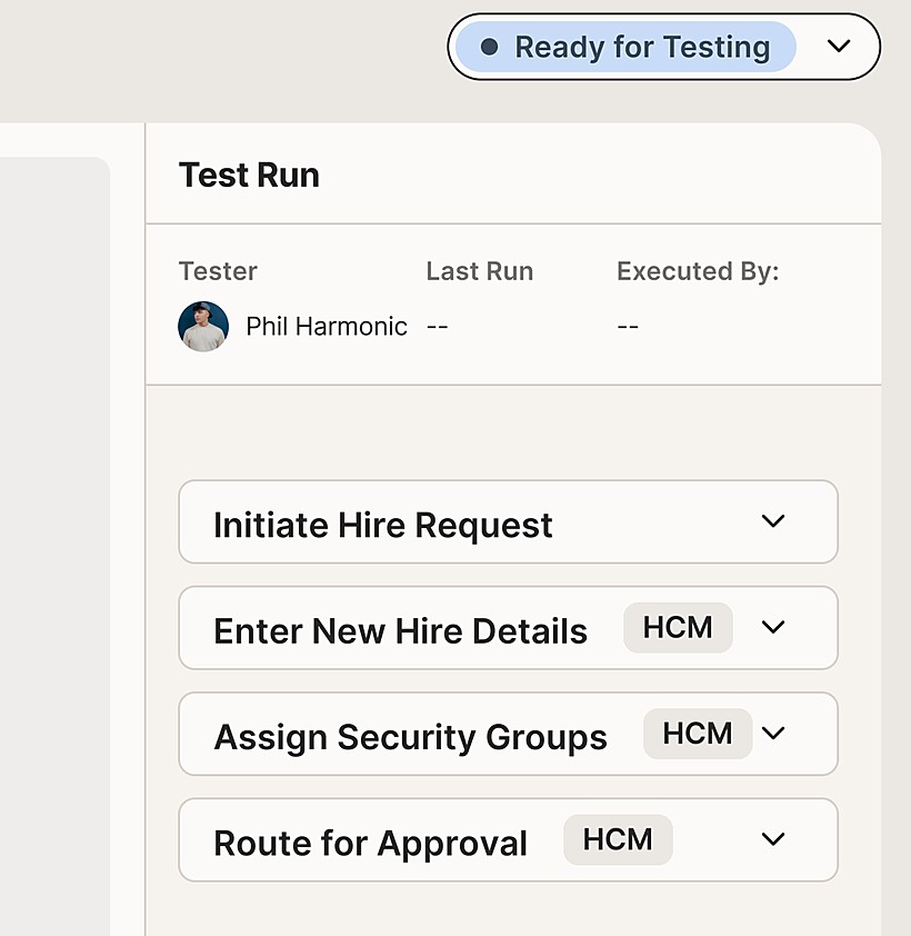 A HappyPath test run panel with sequenced HCM steps queued for execution.