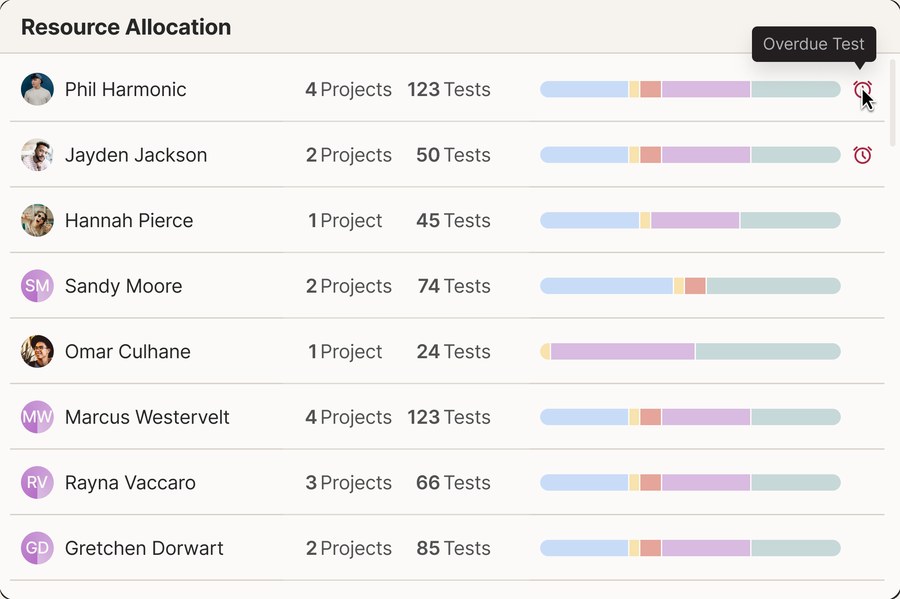 HappyPath resource allocation showing projects and tests per consultant.