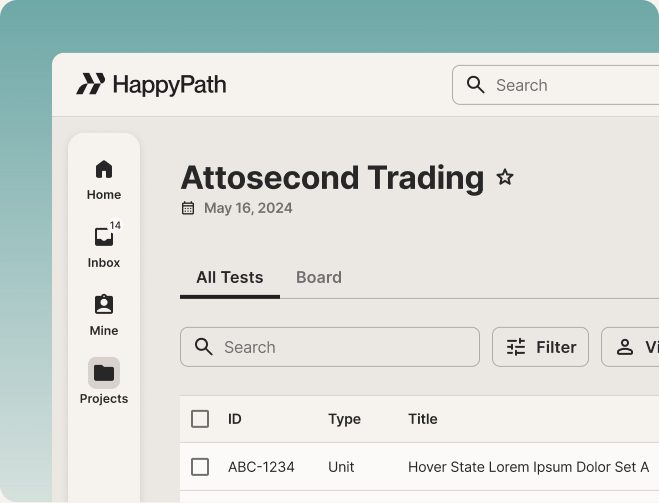 The HappyPath test list for an engagement, where suites are built and managed.